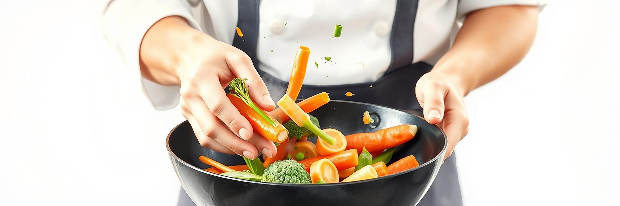 Student sautéing vegetables over flame